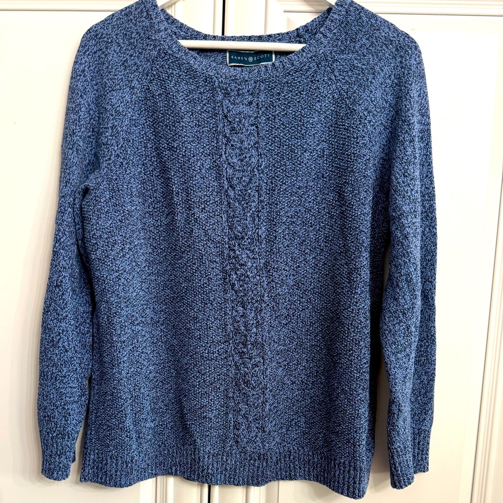 Karen Scott Size Large Long Sleeve Scoop Neck Navy Marled Cable Knit Sweater